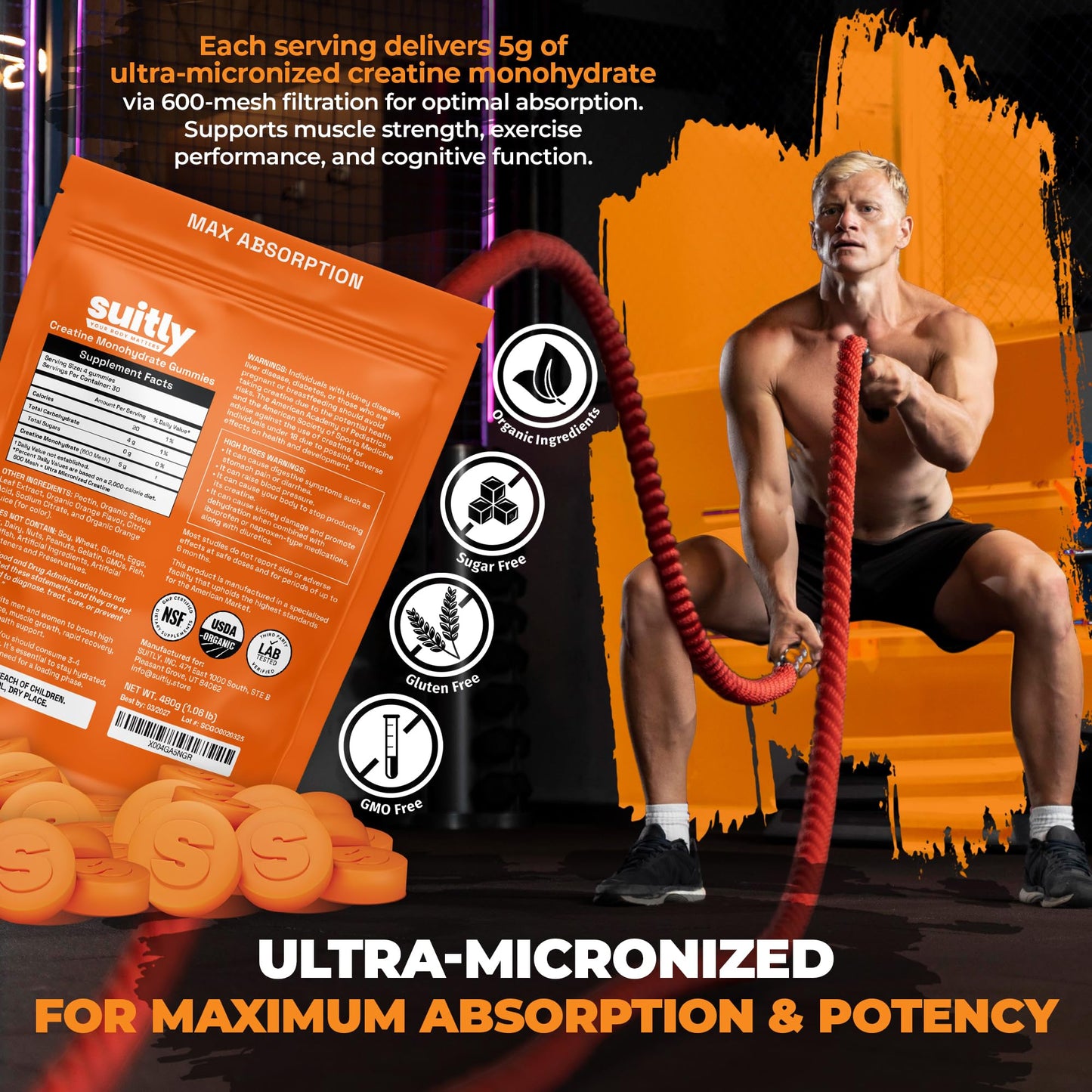 USDA Organic Ultra-Micronized Creatine Gummies – 5g Orange, Sugar Free (120 ct)