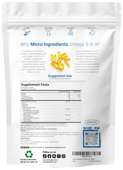 Ultra Omega 3-6-9 3600mg - 300 Burpless Softgels, Lemon | Non-GMO