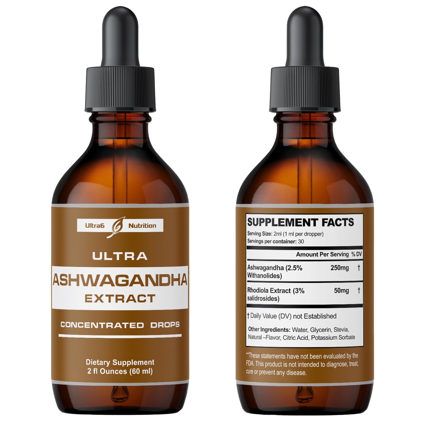 Ultra6 Ashwagandha Liquid Drops – Organic Ashwagandha & Rhodiola (Pack of 2)