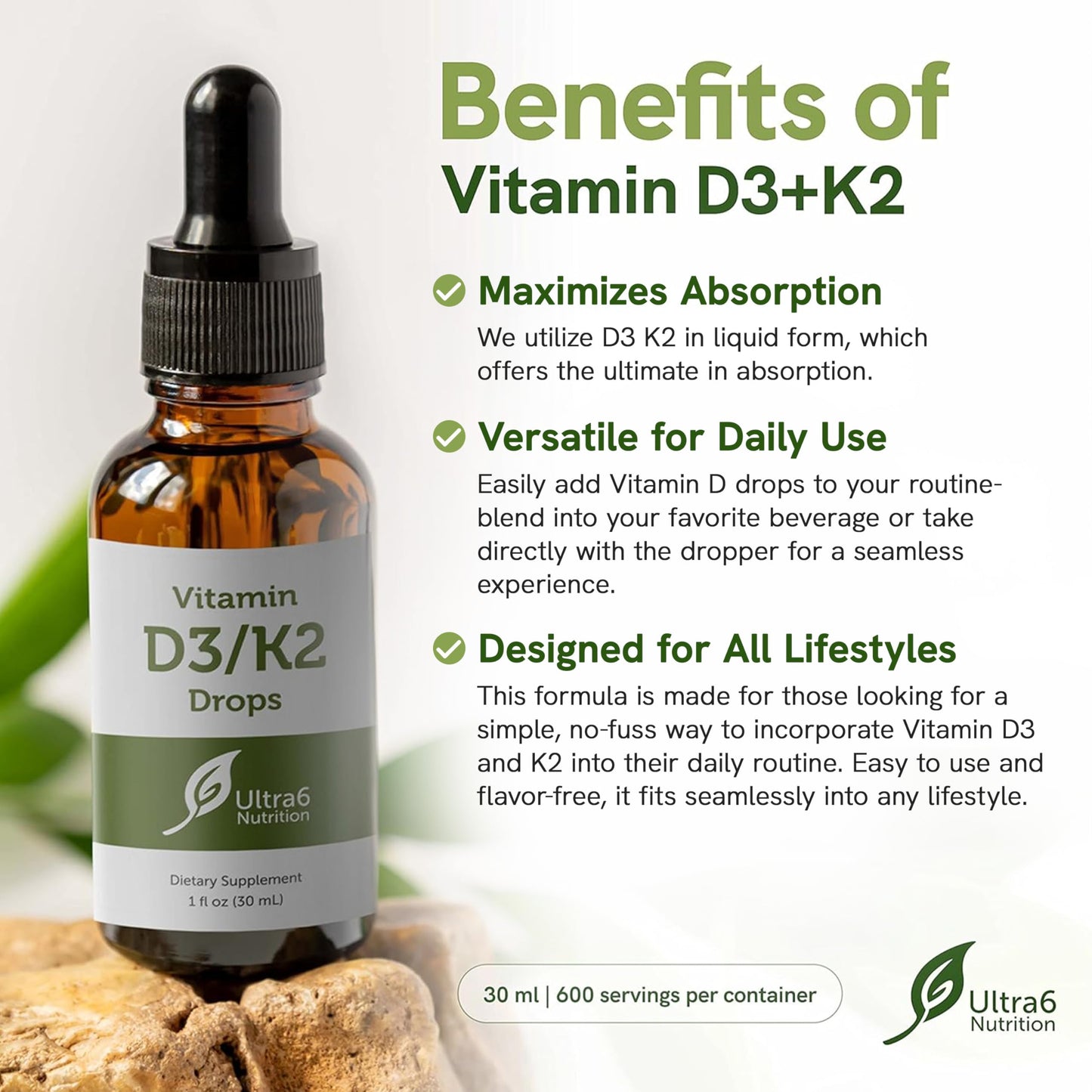 Ultra6 Nutrition Vitamin D3 & K2 Drops – Liquid D3 with K2 (USA Made, 30 ml)