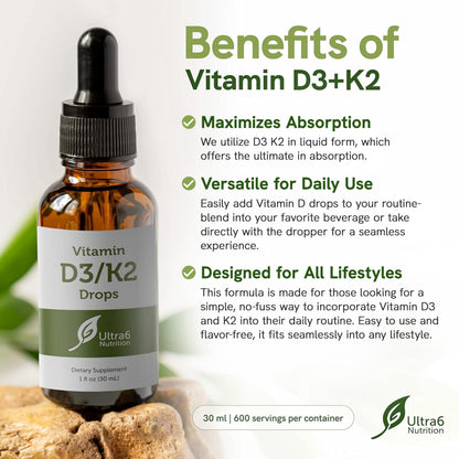 Ultra6 Nutrition Vitamin D3 & K2 Drops – Liquid D3 with K2 (USA Made, 30 ml)