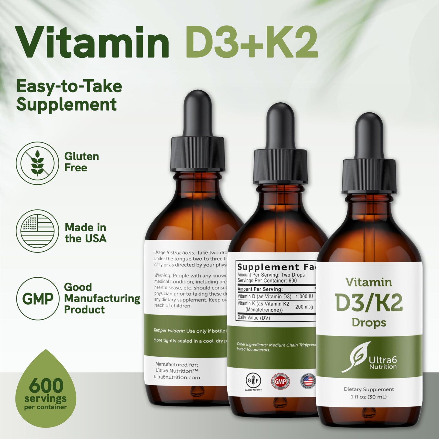 Ultra6 Nutrition Vitamin D3 & K2 Drops – Liquid D3 with K2 (USA Made, 30 ml)