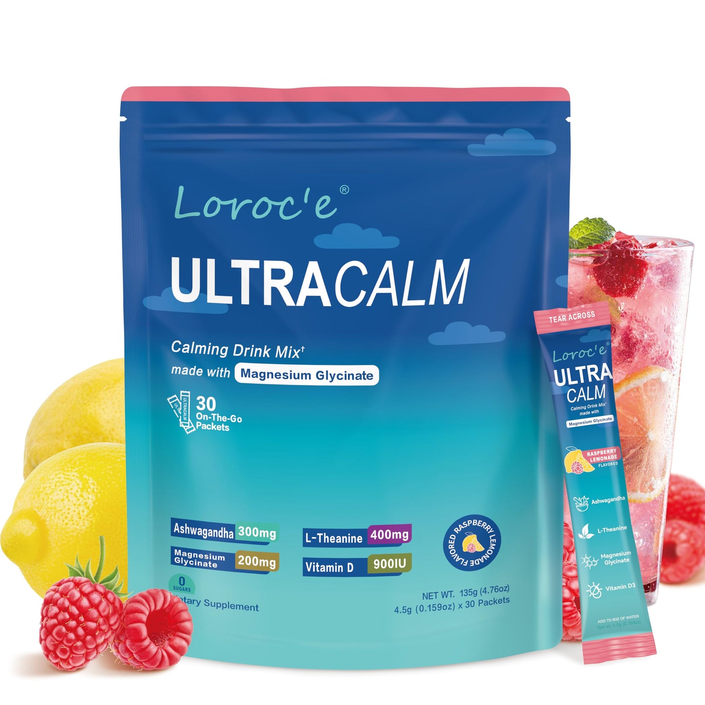 UltraCalm Magnesium Drink for Sleep & Stress Relief – Raspberry Lemonade (30 Servings)
