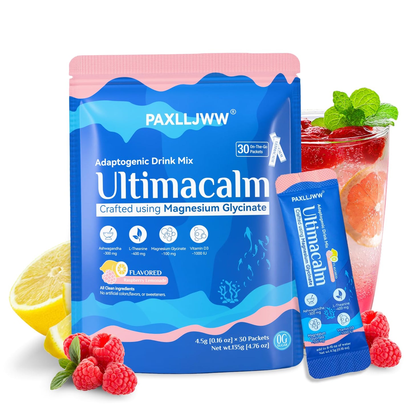 UltraCalm Raspberry Lemonade Sleep & Stress Drink – 30 Servings