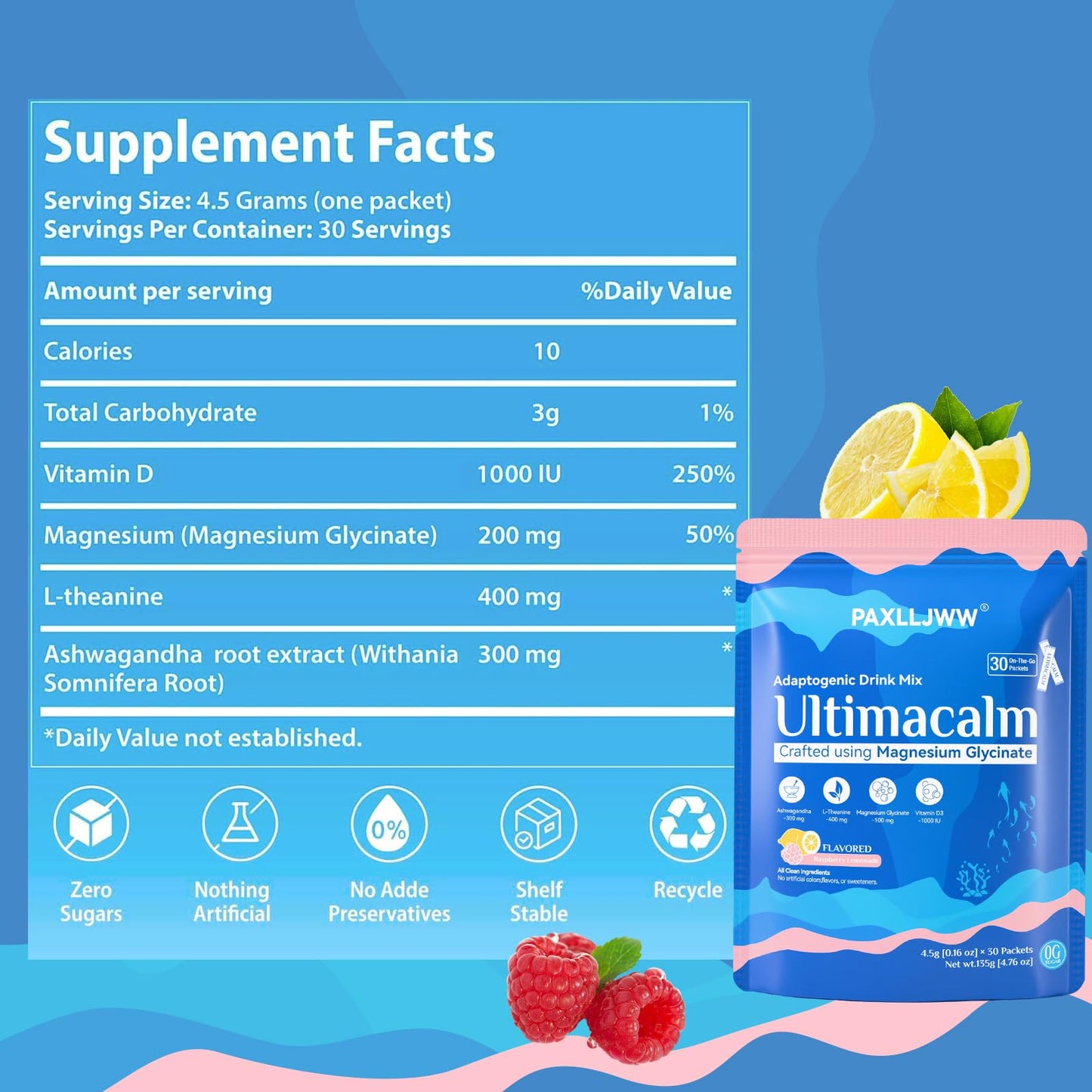 UltraCalm Raspberry Lemonade Sleep & Stress Drink – 30 Servings