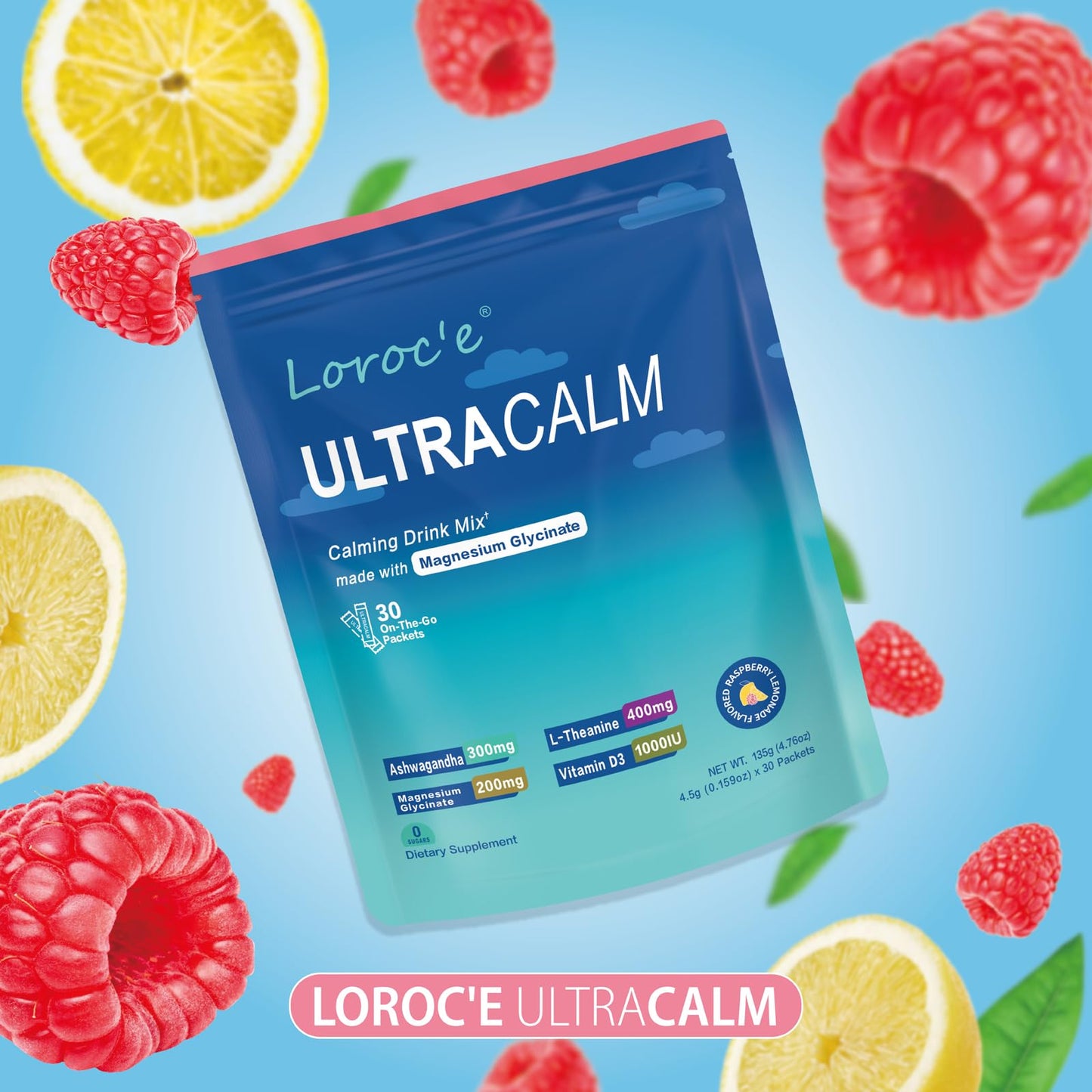 UltraCalm Magnesium Drink for Sleep & Stress Relief – Raspberry Lemonade (30 Servings)