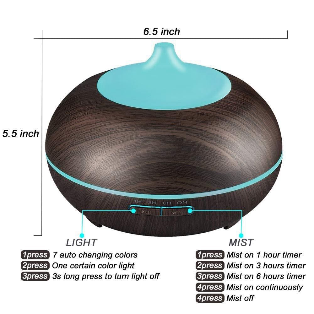 550ml Essential Oil Diffuser with 6 Oil Set | Ultrasonic Humidifier, Timer, 7-Color LED Night Light | Home & Spa