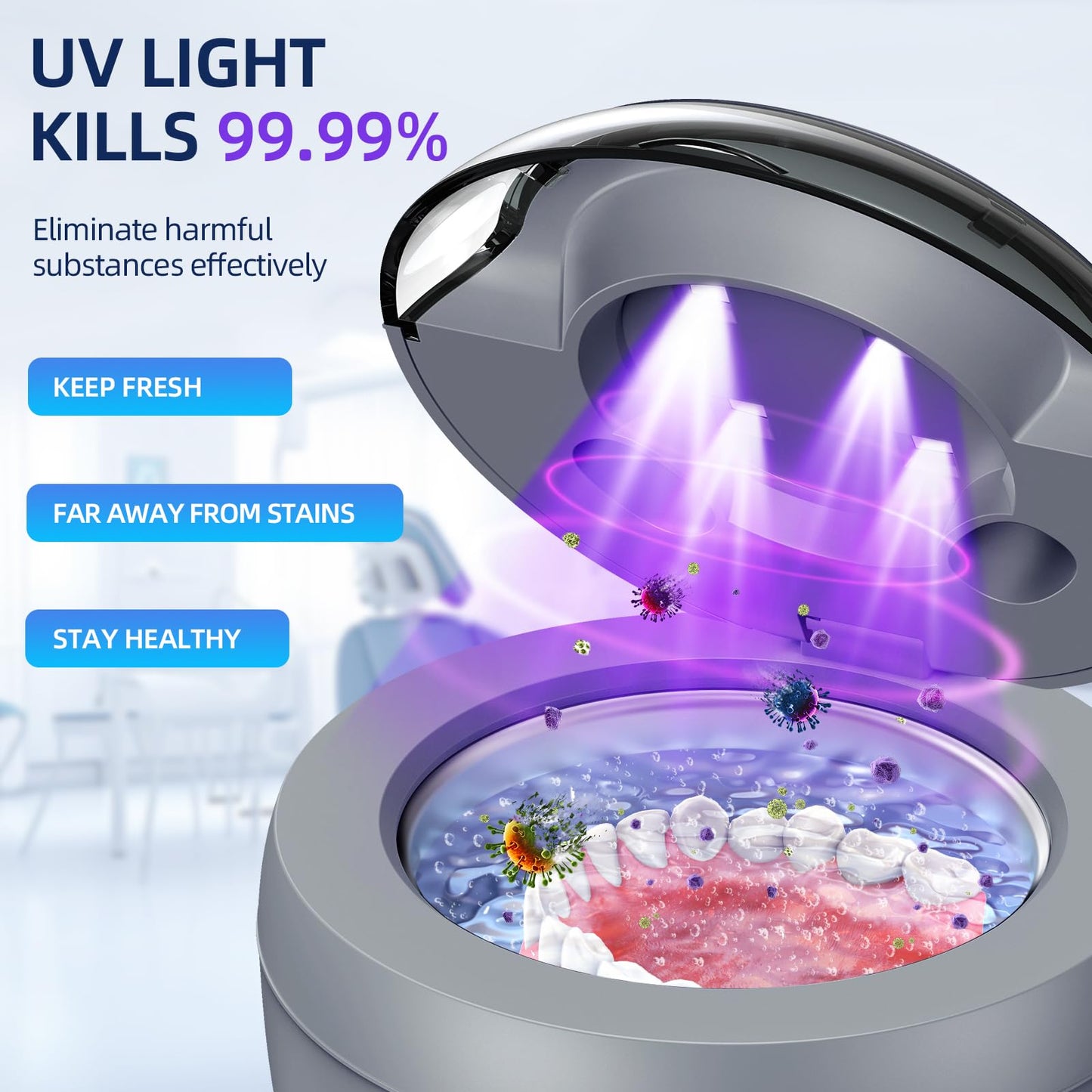 Ultrasonic Retainer Cleaner 45kHz - 200ml, 4 Modes for Dentures, Braces, Mouth Guards (Grey)