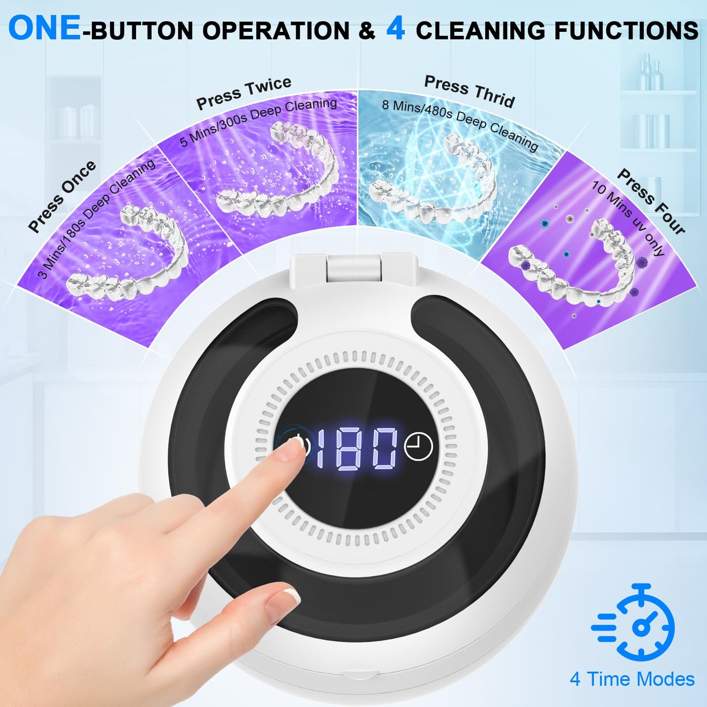 45kHz Ultrasonic Retainer Cleaner - 200ml, 4 Modes, Digital Timer