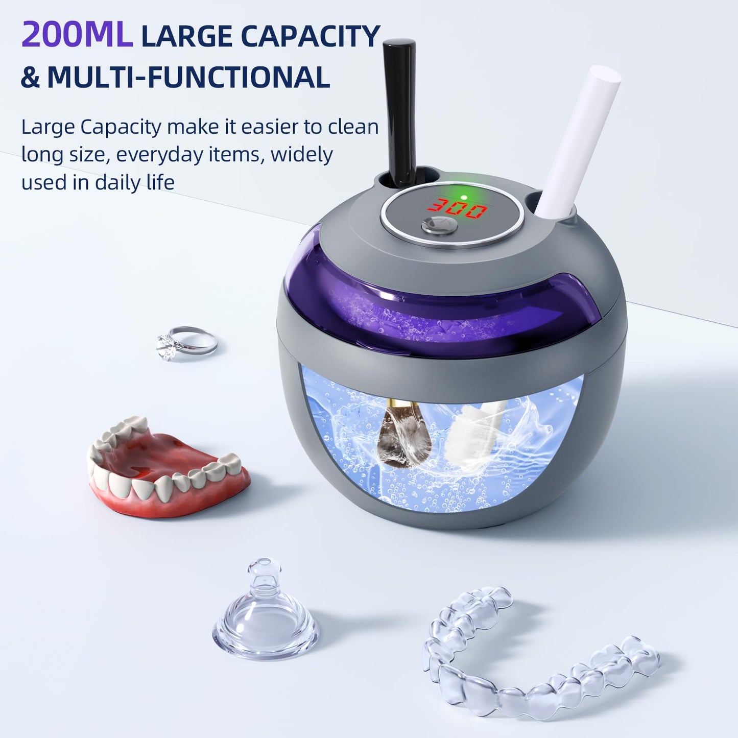 Ultrasonic Retainer Cleaner 45kHz - 200ml, 4 Modes for Dentures, Braces, Mouth Guards (Grey)