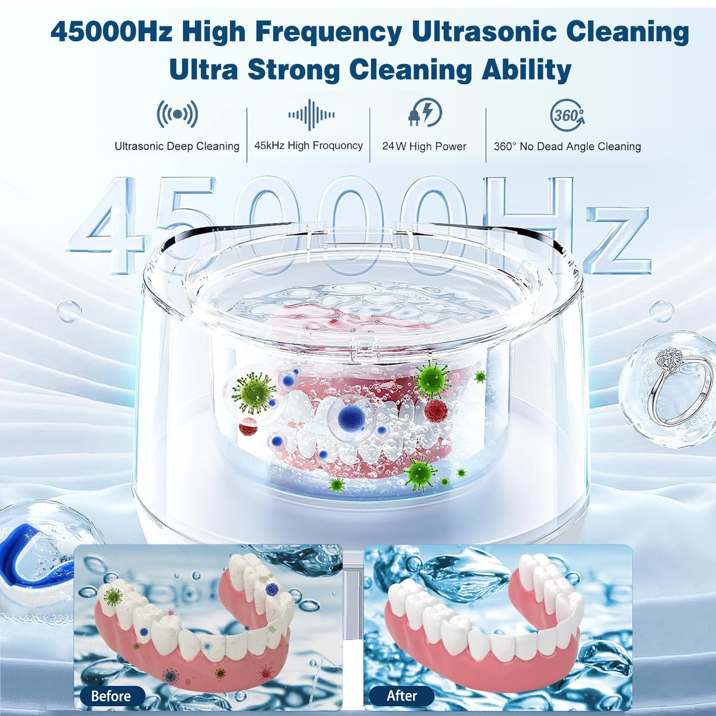 Ultrasonic U-V Retainer Cleaner – 45kHz, 200ml for Dentures & Aligners