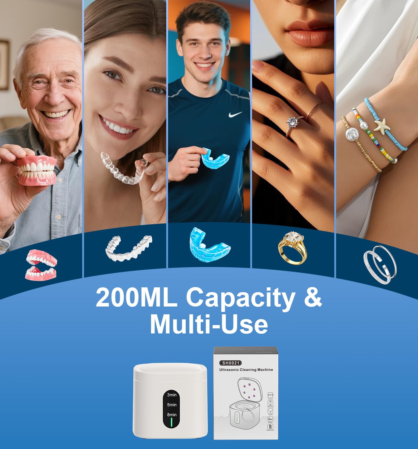 2025 Ultrasonic Retainer Cleaner Machine – 45kHz, UV Light, 3 Cleaning Modes, 200ML Capacity