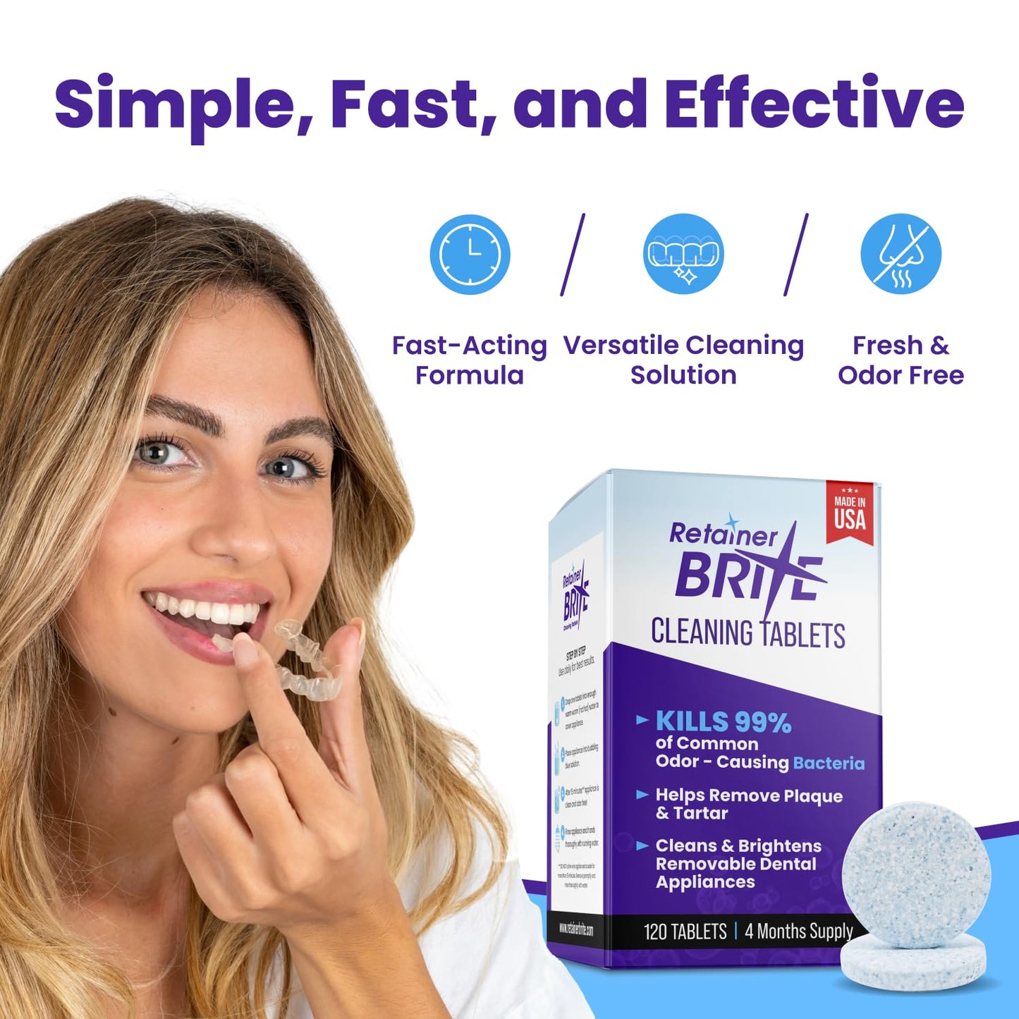 Retainer Brite Cleaner Tablets – 120 ct, Invisalign & Mouth Guard Cleaner | Made in USA
