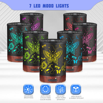Metal Essential Oils Diffuser 150ML – 7 Color LED, Auto-Off, Cool Mist Humidifier | Gift for Mom (Butterfly)
