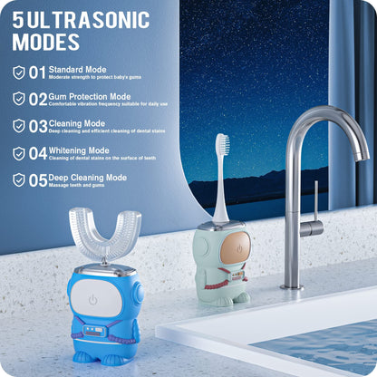 Ultrasonic Kid's U-Shaped Toothbrush | IPX7 Waterproof, 5 Modes, 60s Timer | Cartoon Astronaut, Green (Ages 2-6)