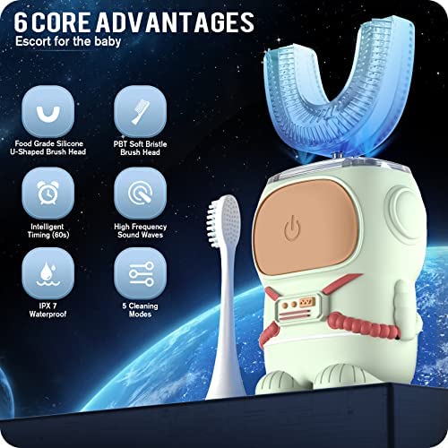 Ultrasonic Kid's U-Shaped Toothbrush – 5 Modes, 60s Timer, IPX7 Waterproof (Ages 6-12, Green)