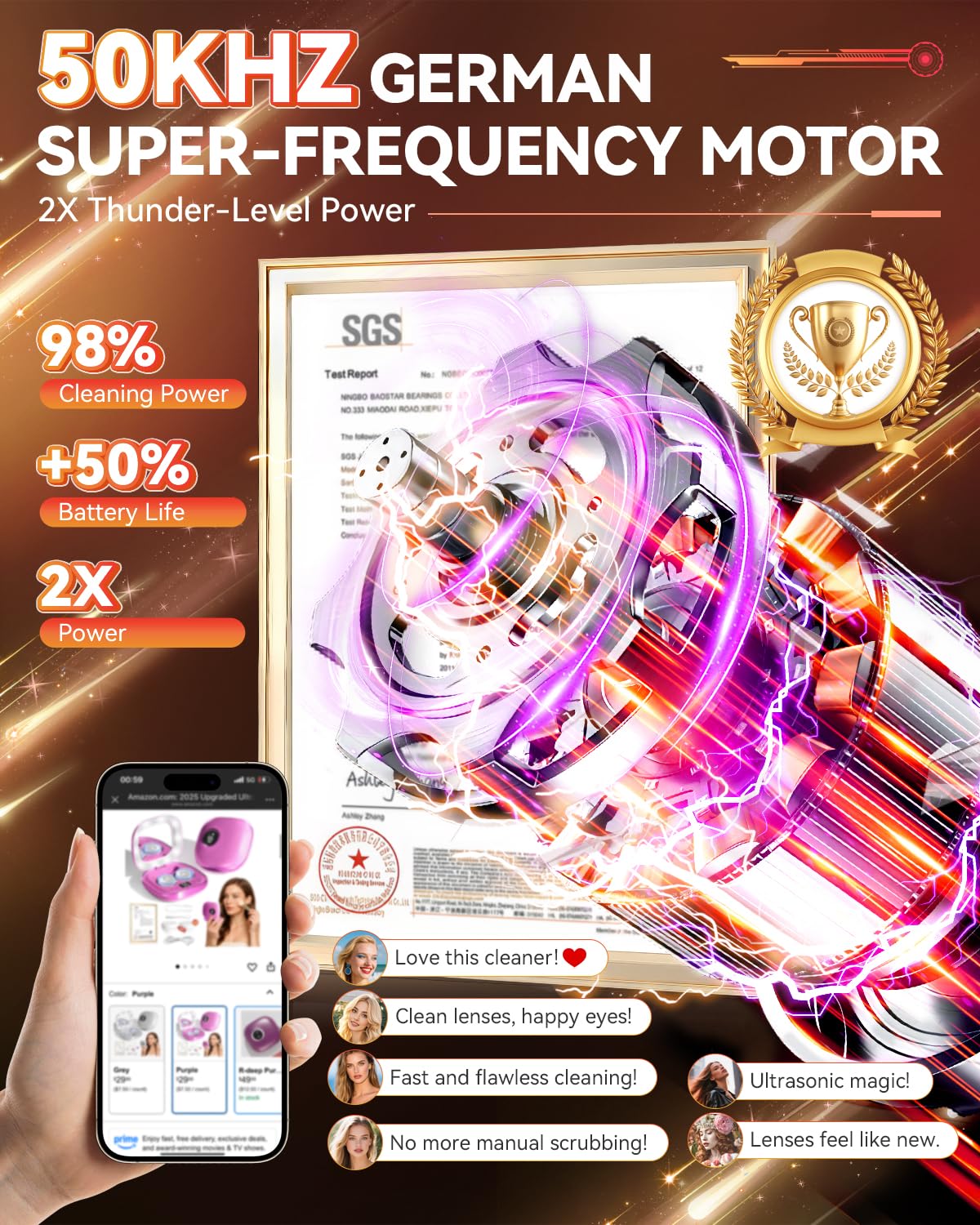 2025 Ultrasonic Contact Lens Cleaner – 50KHz German Motor, 3 Smart Modes, Portable (Purple)