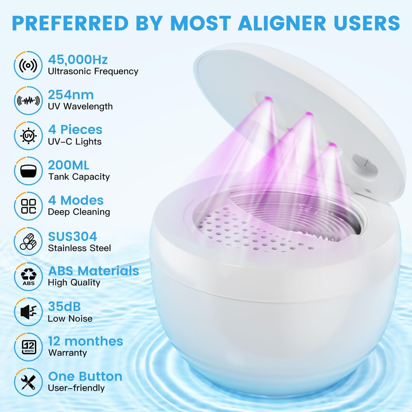 Ultrasonic Retainer Cleaner Machine – 45kHz, 4 Modes, 200ML Tank, UV Light, 25W