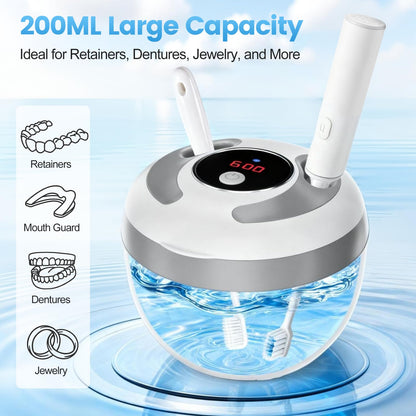 Upgraded Ultrasonic Retainer Cleaner - 45kHz, 200ml, White | For Dentures, Braces & Jewelry