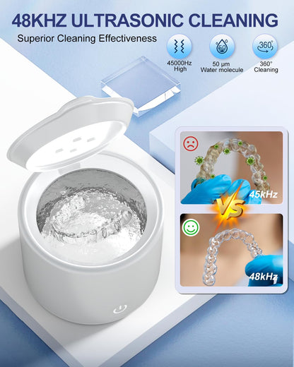 Ultrasonic Retainer Cleaner 48kHz - 3 Modes, Jewelry & Denture Cleaning (White)