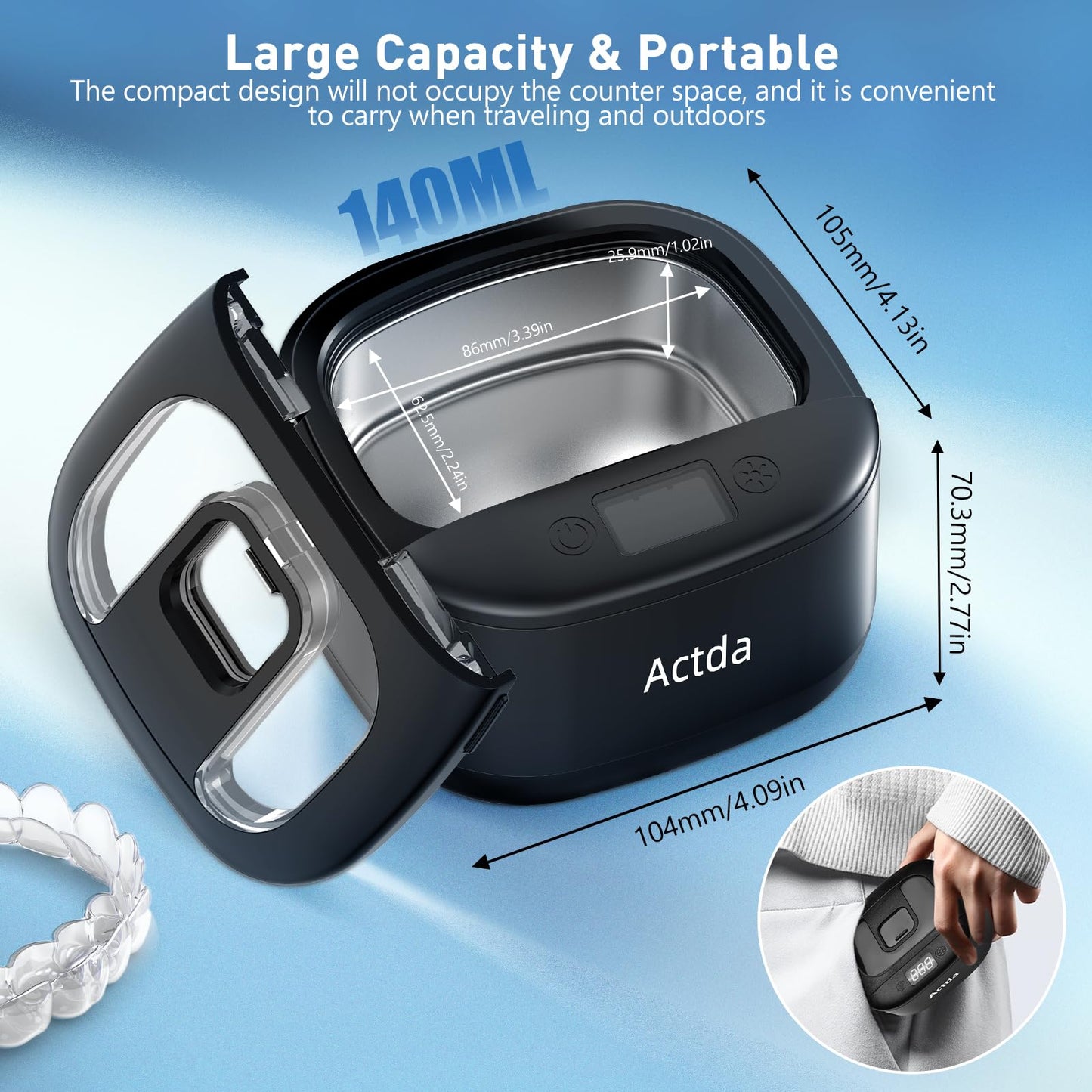 Ultrasonic Retainer Cleaner – Wireless Pro Sonic Dental Cleaning (Black)