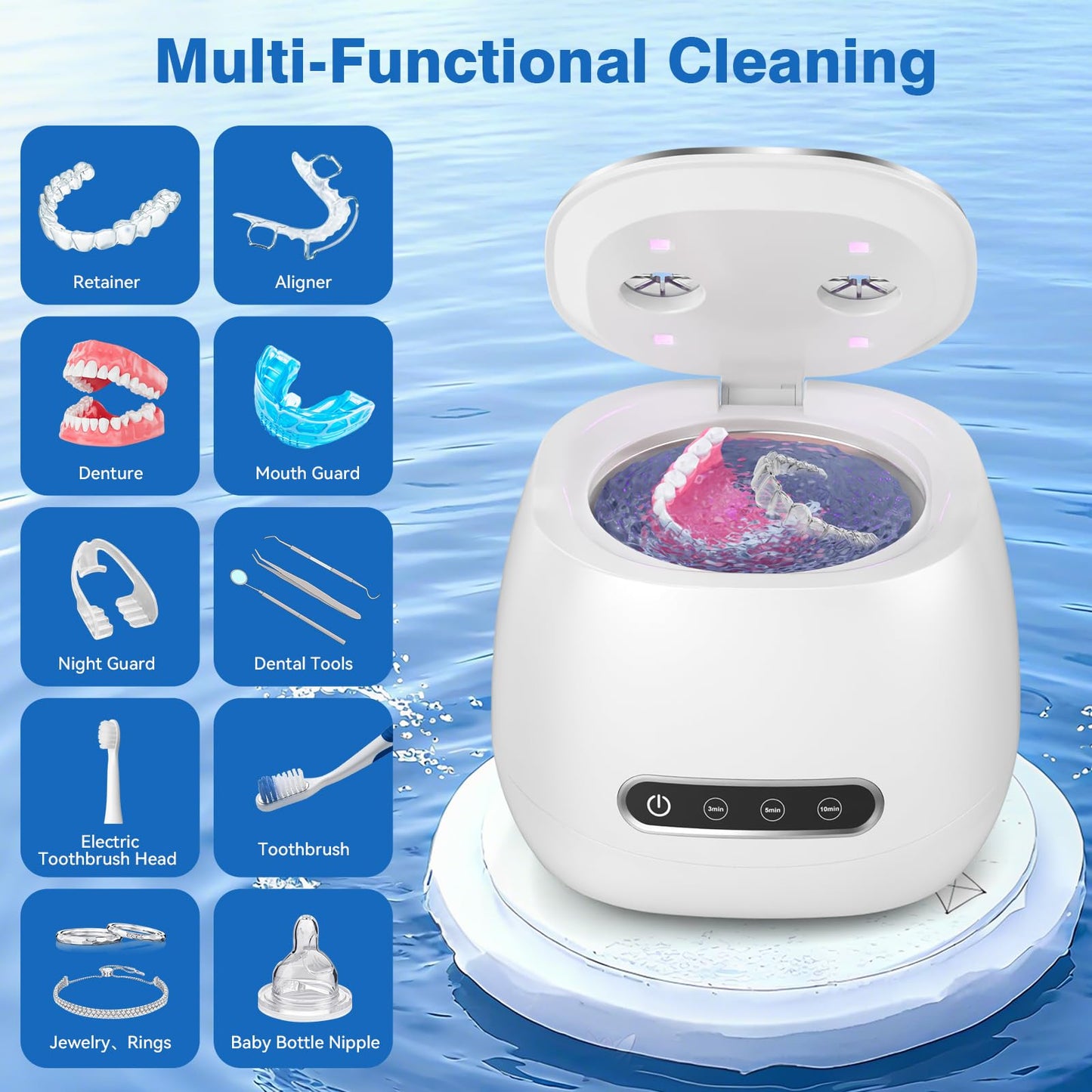Rechargeable Ultrasonic Retainer Cleaner – 45kHz Portable Cleaning Pod