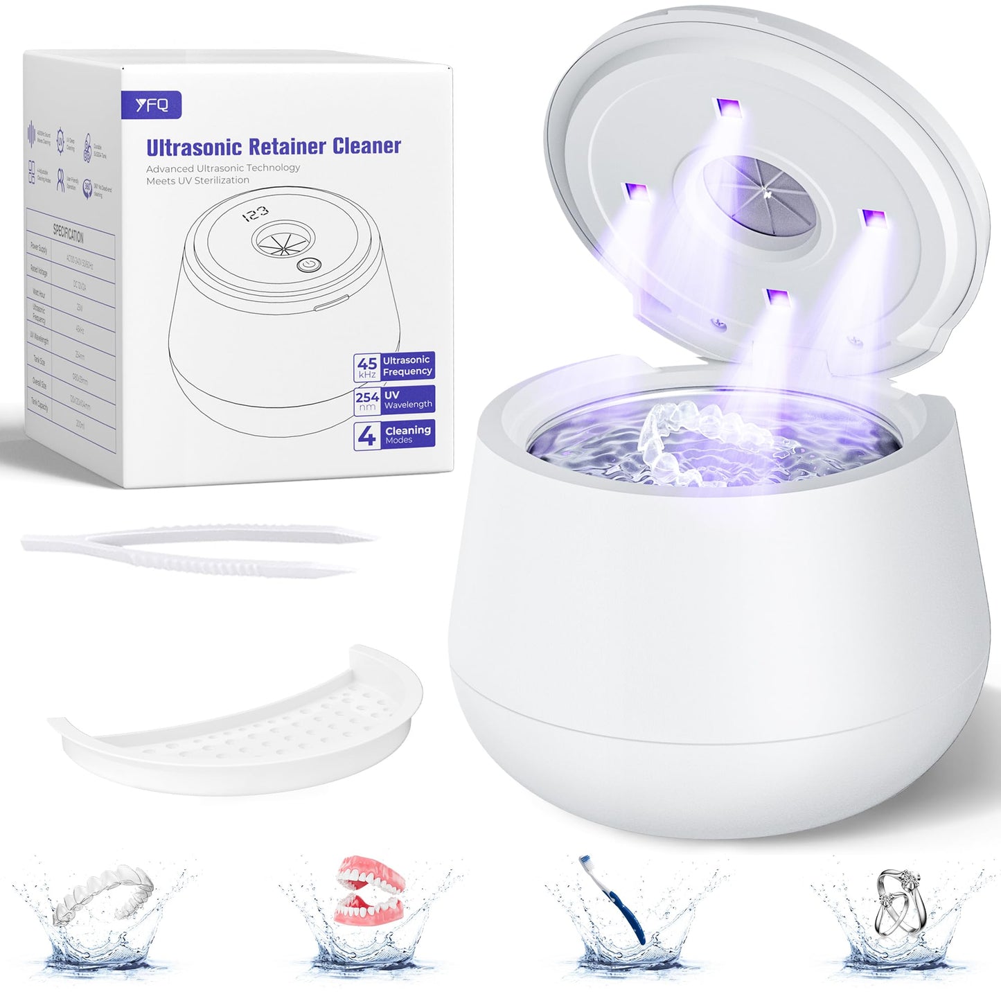 45kHz Ultrasonic Retainer Cleaner - 200ML, UV Light, 4 Modes - White