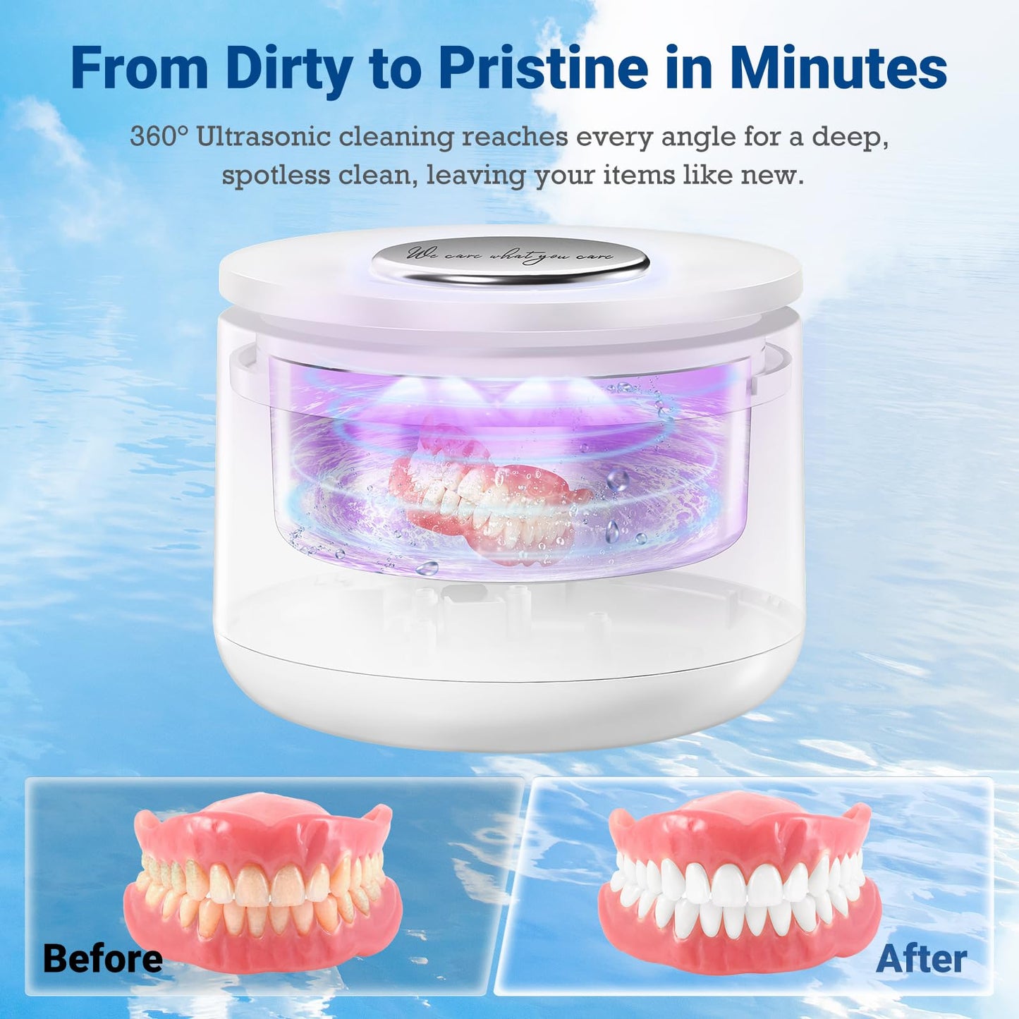 Ultrasonic Retainer Cleaner 45kHz – 160ML Cleaning Pod for Dentures, Mouth Guards & Jewelry (3 Modes)