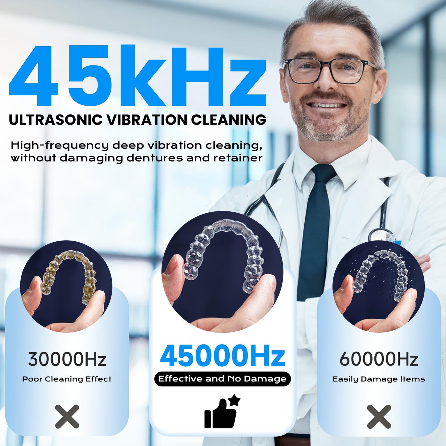 45kHz Ultrasonic Retainer Cleaner - 200ML, UV Light, 4 Modes - White