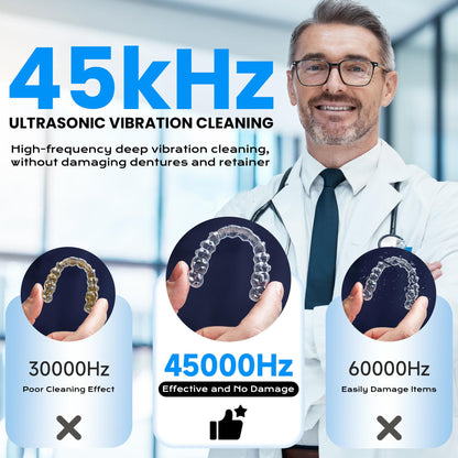 45kHz Ultrasonic Retainer Cleaner - 200ML, UV Light, 4 Modes - White