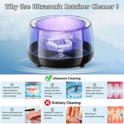 Ultrasonic Retainer Cleaner 43kHz – Denture, Jewelry & Glasses Cleaning