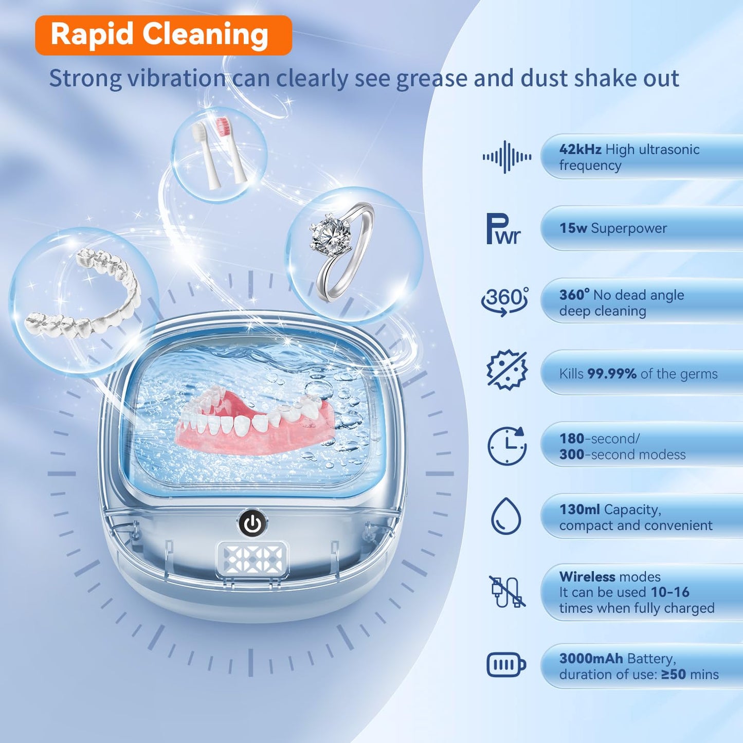 Ultrasonic Retainer Cleaner 45kHz – Dentures, Aligners & Jewelry
