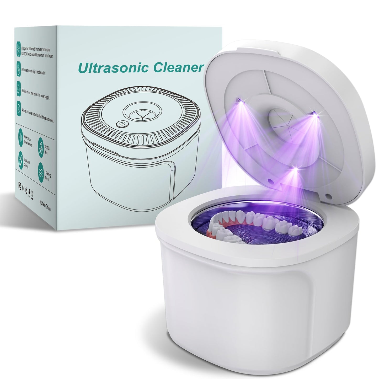 Ultrasonic Retainer Cleaner 45kHz + UV Light – 200ml Cleaning Pod (White) for Dentures, Aligners, Jewelry