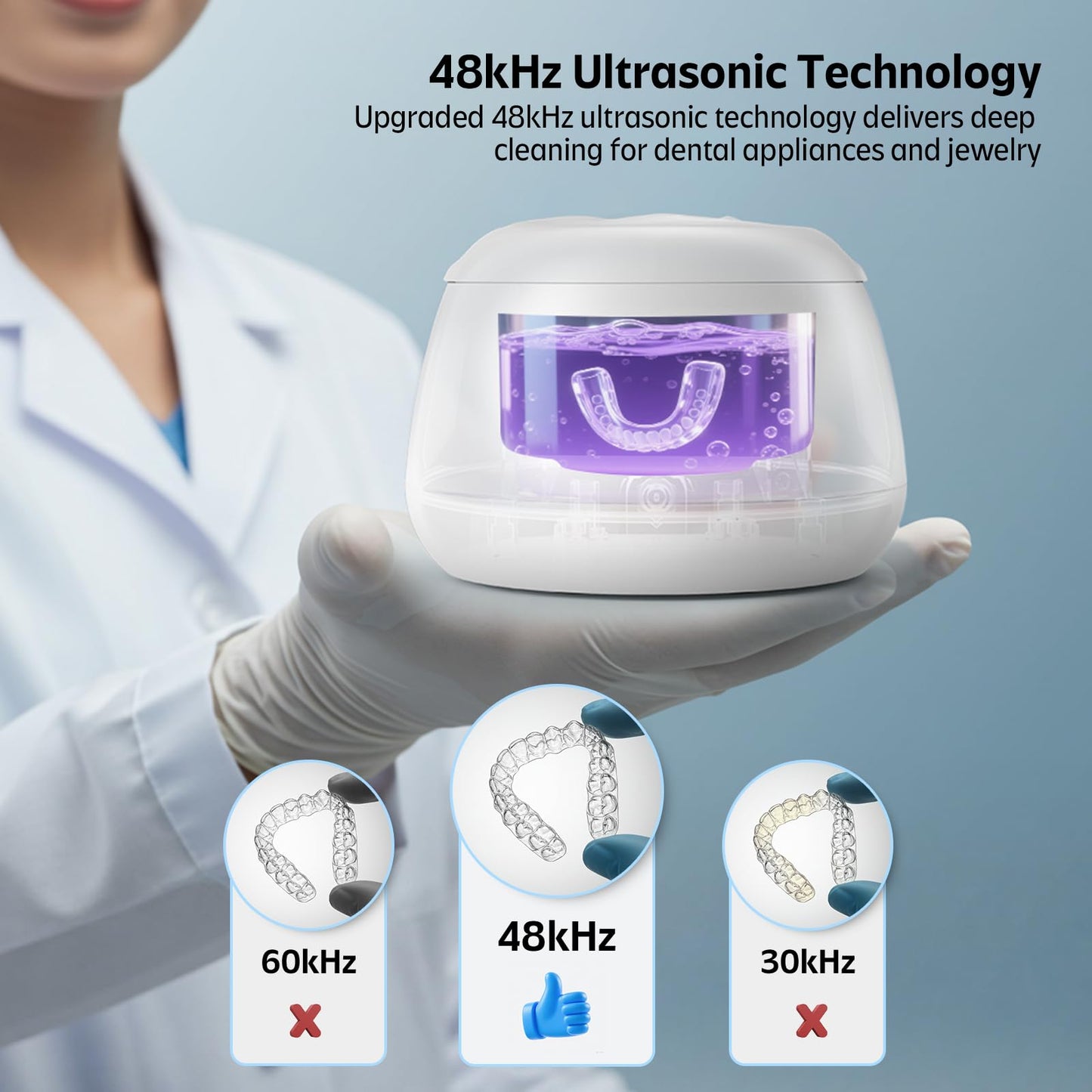 Ultrasonic Retainer Cleaner 48kHz – 200ml Blue Cleaning Pod for Aligners, Dentures & Trays