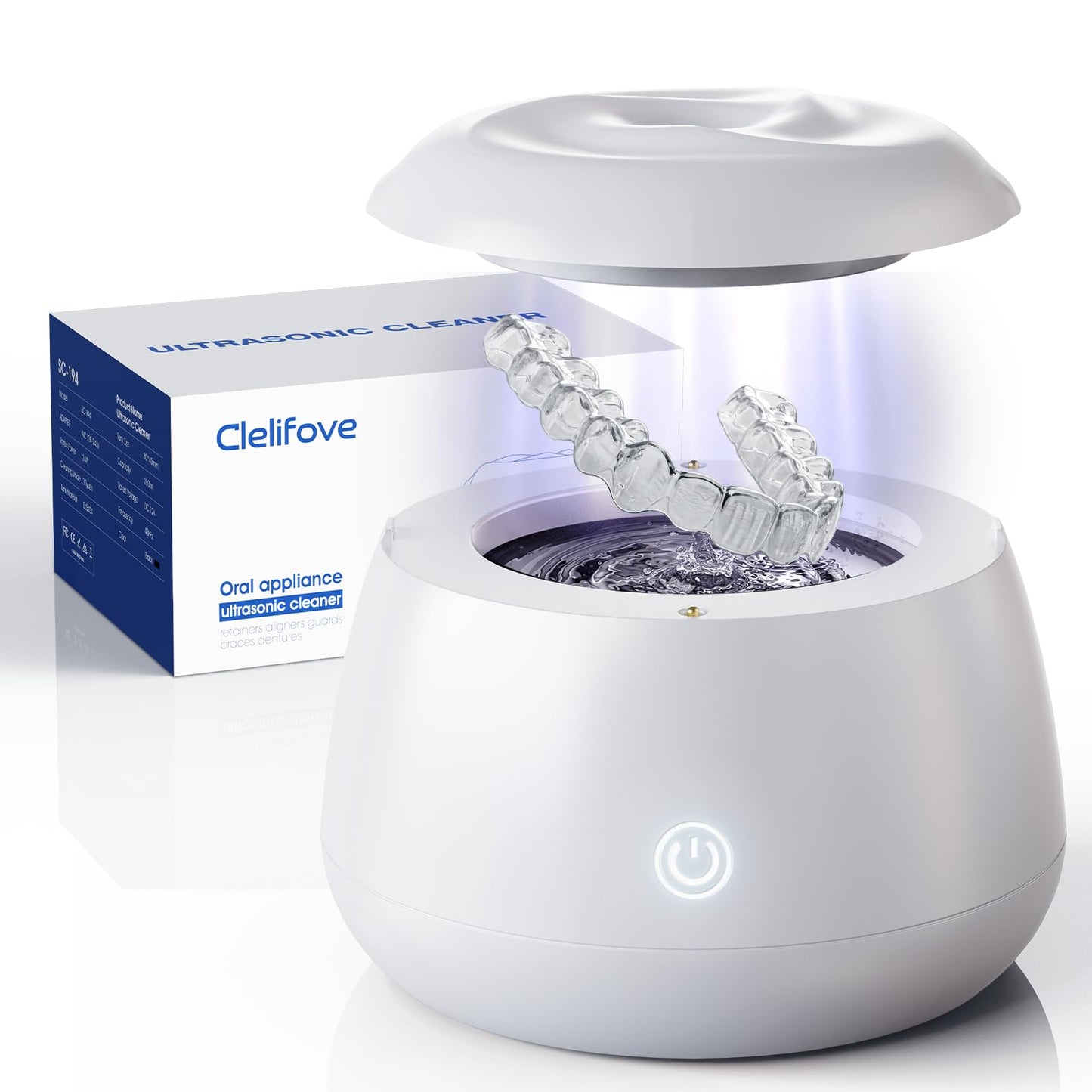 Ultrasonic Retainer Cleaner 48kHz – 200ML Cleaning Pod (White) for Dentures & Aligners