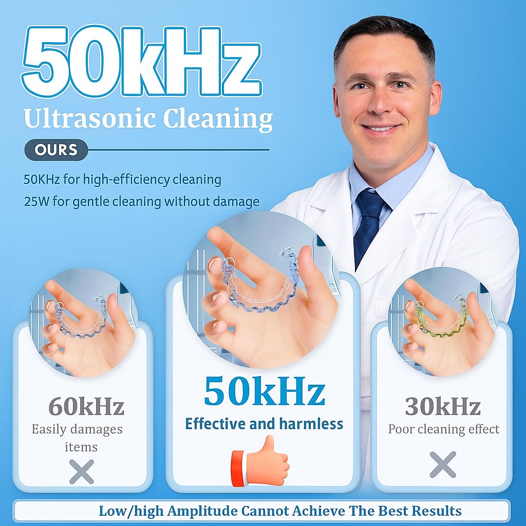 Ultrasonic Retainer Cleaner 50kHz – Dentures, Aligners, Mouth Guards, 4 Modes