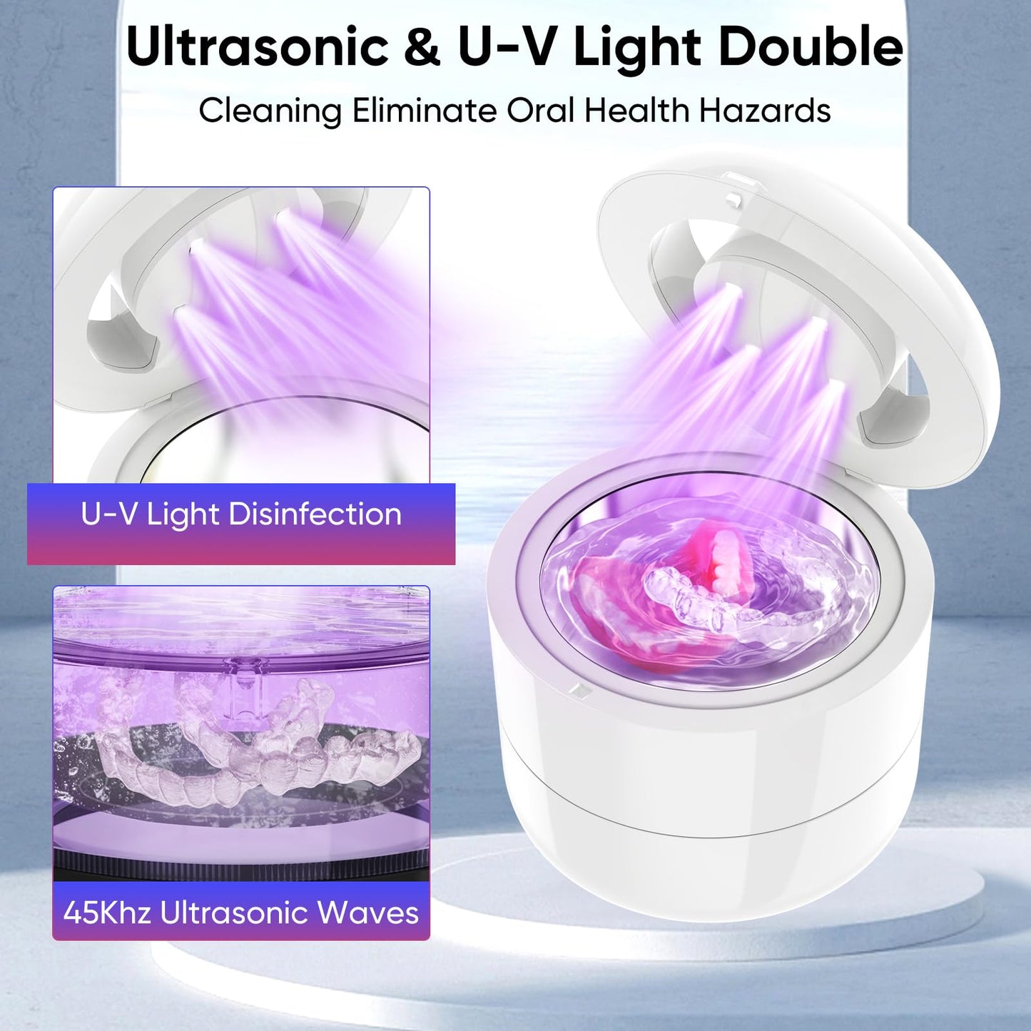 Ultrasonic Retainer Cleaner 45kHz – 180ml, 2 Modes for Dentures, Aligners & Jewelry