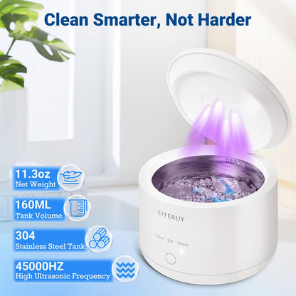 Ultrasonic Retainer Cleaner 45kHz – 160ML Cleaning Pod for Dentures, Mouth Guards & Jewelry (3 Modes)