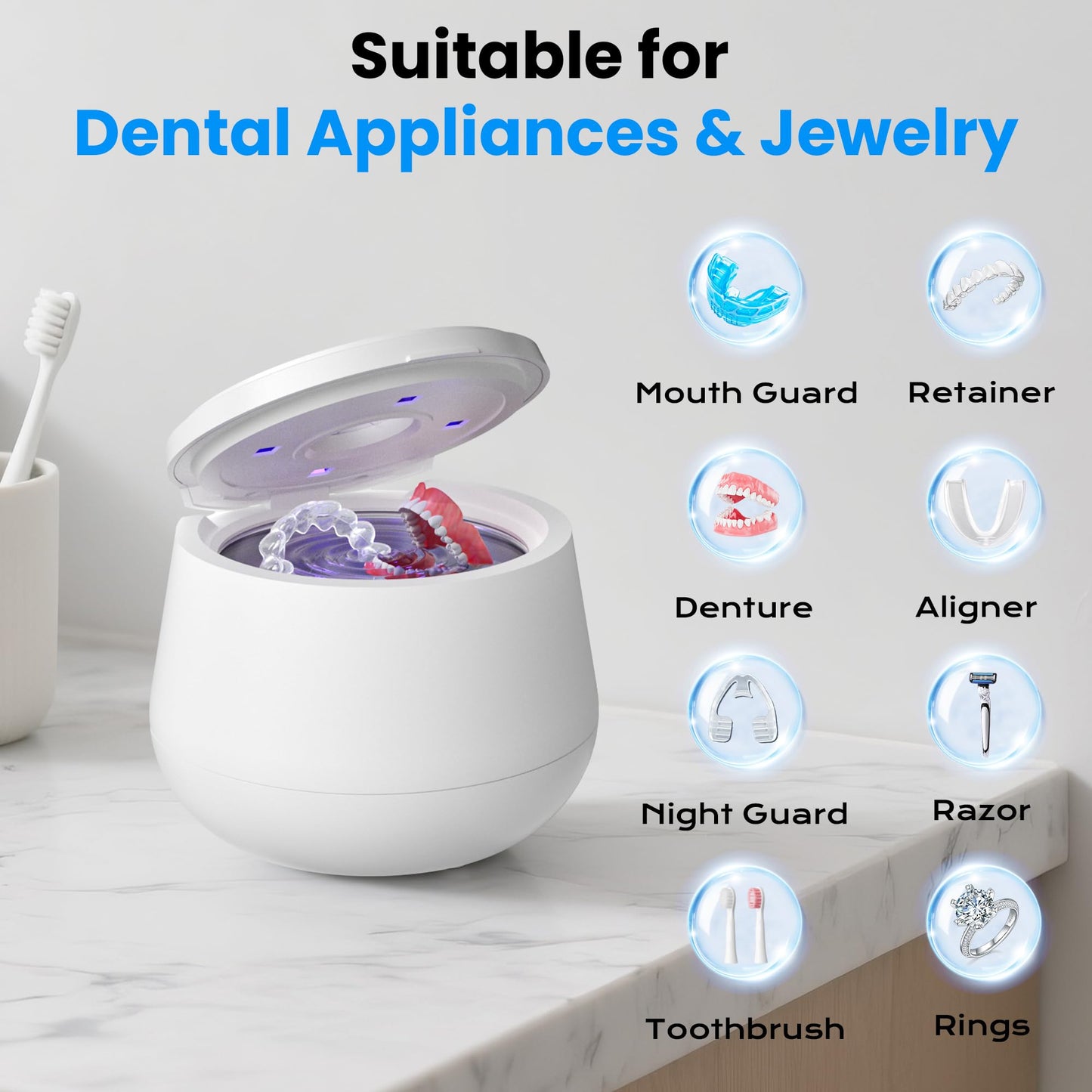 45kHz Ultrasonic Retainer Cleaner - 200ML, UV Light, 4 Modes - White
