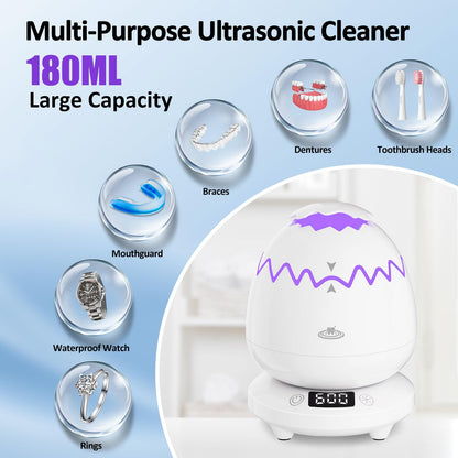 Ultrasonic Retainer Cleaner — 45kHz Waterproof Dental Cleaner with 180ML Tank and Digital Timer for Dentures, Aligners, Braces, Mouth Guards & Jewelry