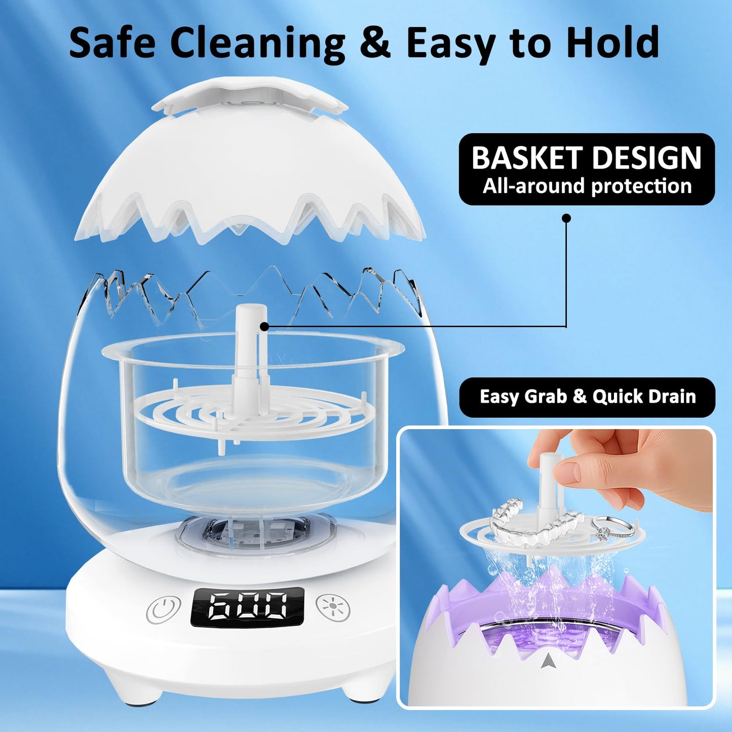 Ultrasonic Retainer Cleaner — 45kHz Waterproof Dental Cleaner with 180ML Tank and Digital Timer for Dentures, Aligners, Braces, Mouth Guards & Jewelry
