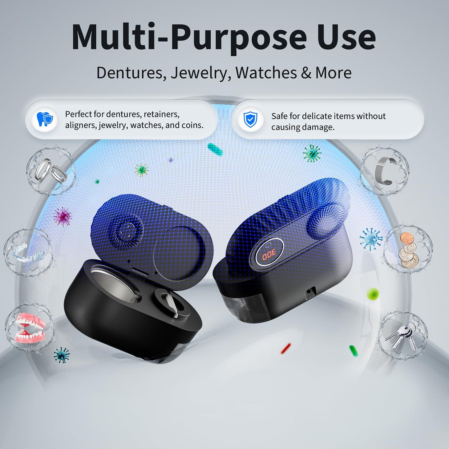 Ultrasonic Retainer Cleaner with Cleaning, Pumping, and Air-Drying Functions, 45kHz Retainer Cleaner Machine, 200ml Denture Cleaner for Dentures, Mouth Guards, Braces, Toothbrush Heads, Jewelry