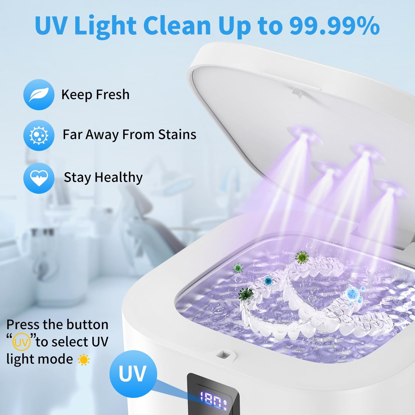 Ultrasonic Retainer Cleaner Machine - 48kHz Cleaning (13oz, White)