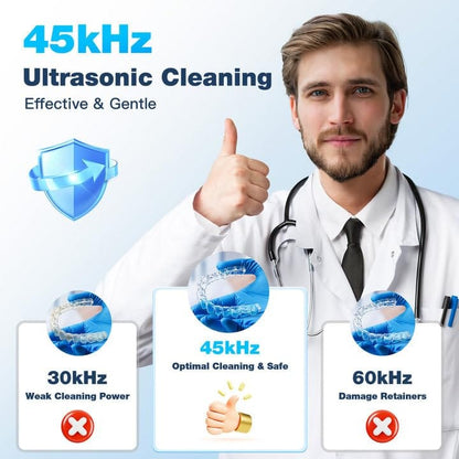 Ultrasonic Retainer Cleaner Machine - 45kHz 360° Deep Cleaning, 200 ml Pod, 3 Modes, White