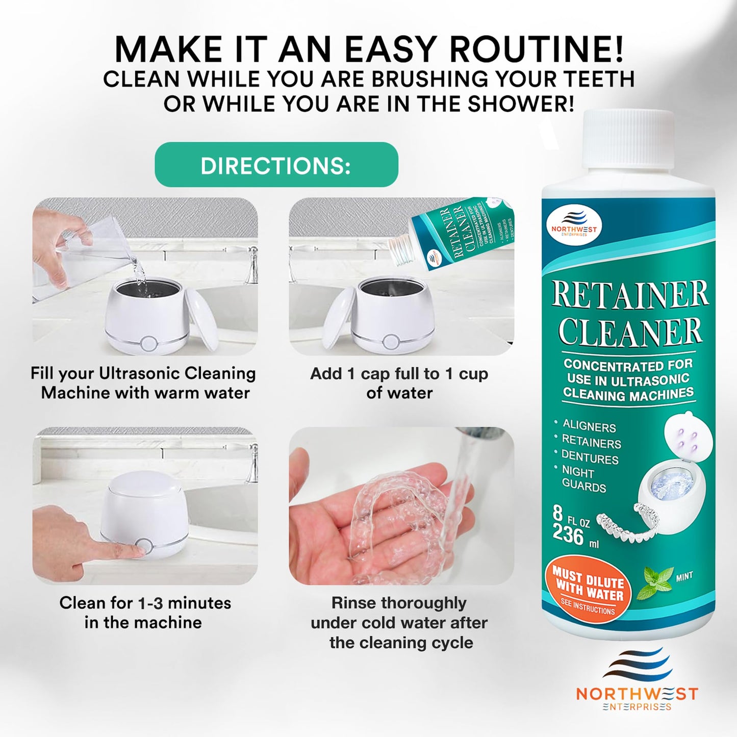 Ultrasonic Retainer Cleaner Solution Concentrate - Mint (8 oz) | Invisalign, Mouthguards & Dentures Cleaner