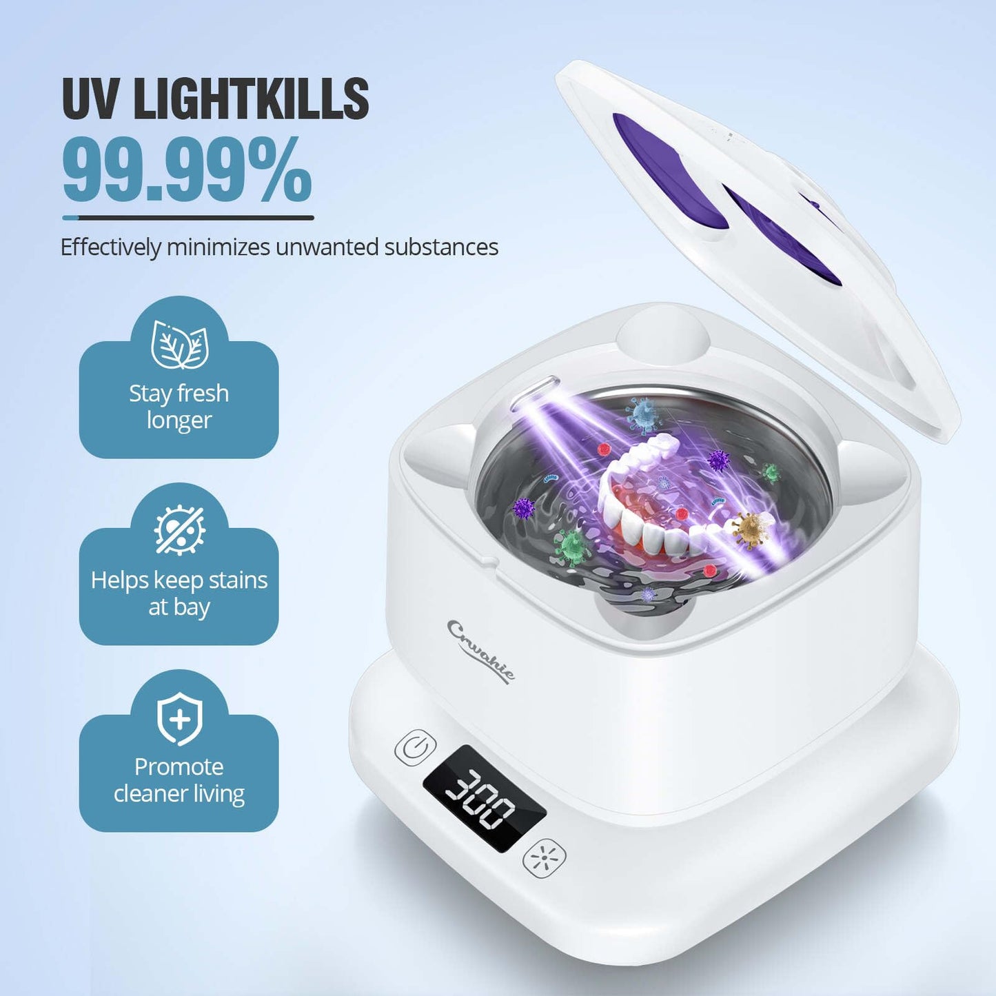 Ultrasonic Retainer Cleaner - Detachable 45kHz, 3 Modes, White