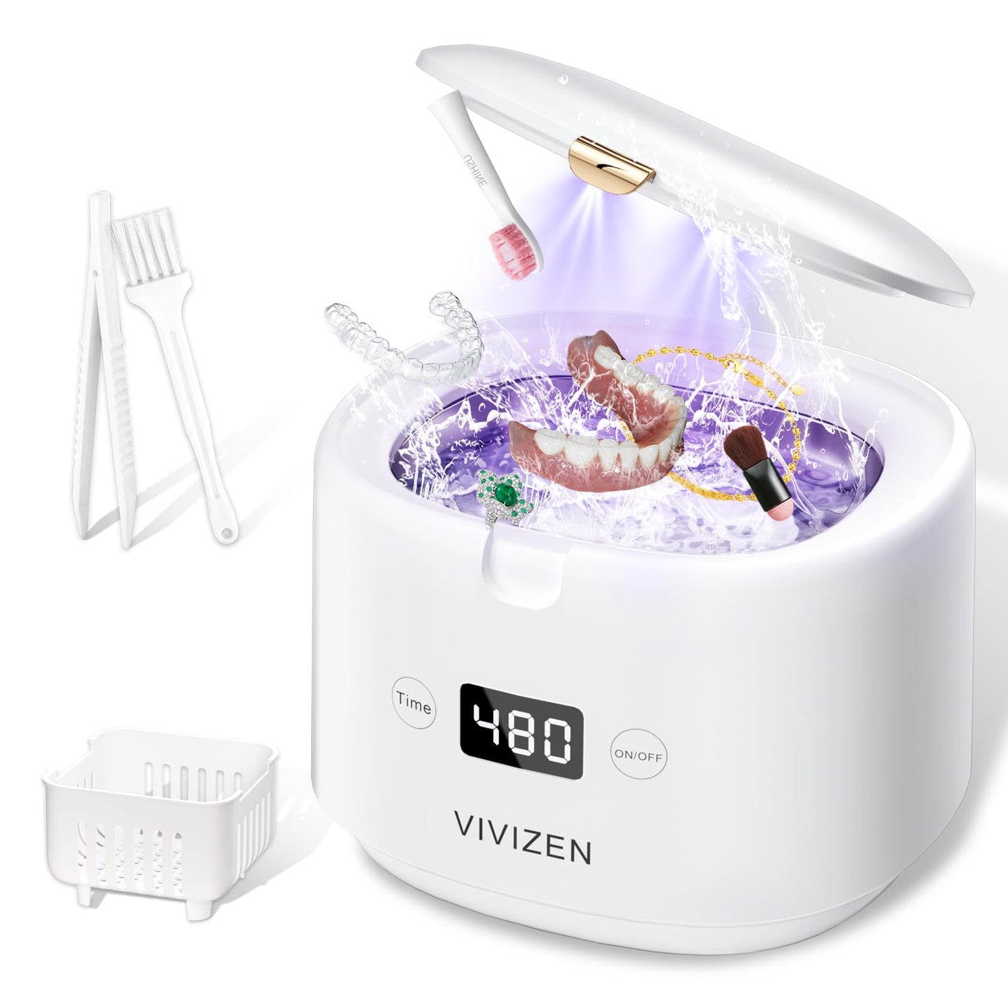 Ultrasonic Retainer Cleaner 30W/45kHz – Aligners, Braces, Dentures (White) | VIVIZEN