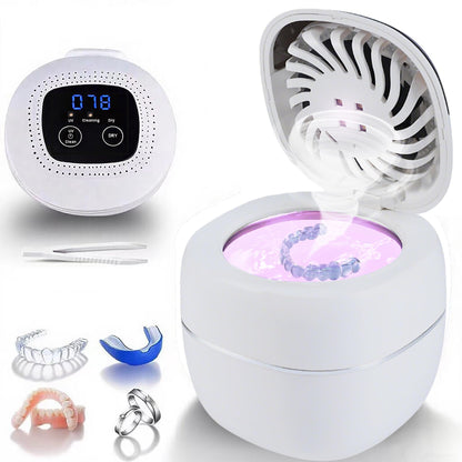 2025 Upgraded Ultrasonic Retainer Cleaner with Dryer Fan – 45kHz UV Cleaning Pod (White) | Dentures, Aligners & Jewelry