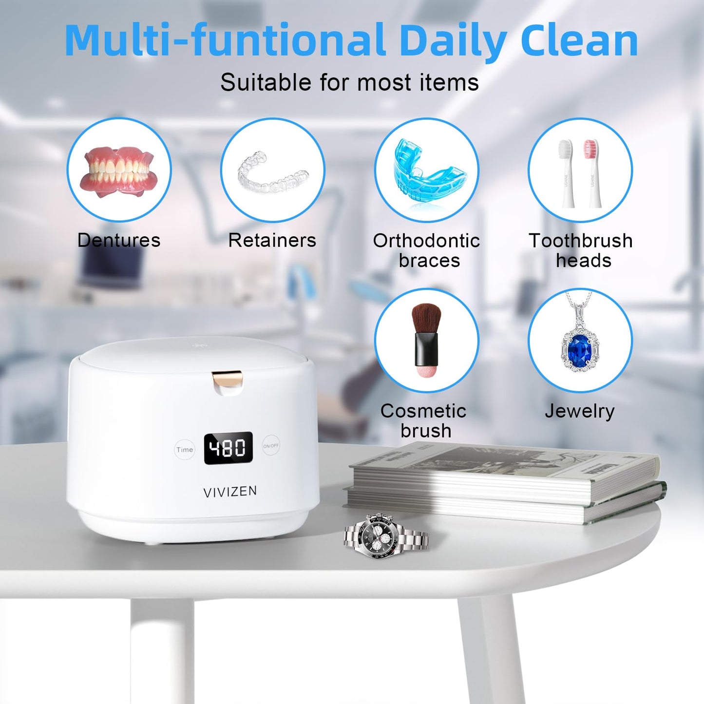 Ultrasonic Retainer Cleaner 30W/45kHz – Aligners, Braces, Dentures (White) | VIVIZEN