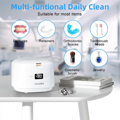 Ultrasonic Retainer Cleaner 30W/45kHz – Aligners, Braces, Dentures (White) | VIVIZEN